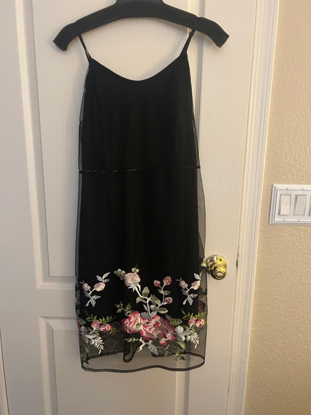 Black Floral Embroidered Midi Slip Dress with Spaghetti Straps
